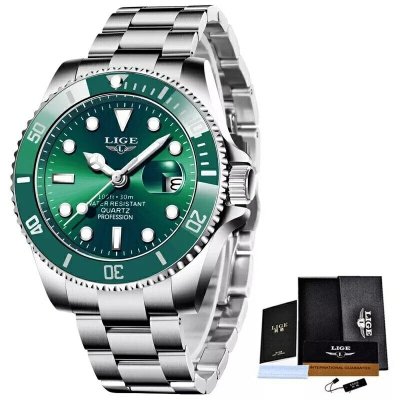 Men's Fashion Watch Analogue Quartz Waterproof Stainless Steel Green Silver