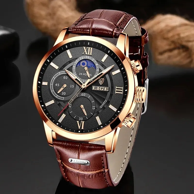 Mens Watches Luxury Brown Leather Casual Quartz Watch Sport Waterproof