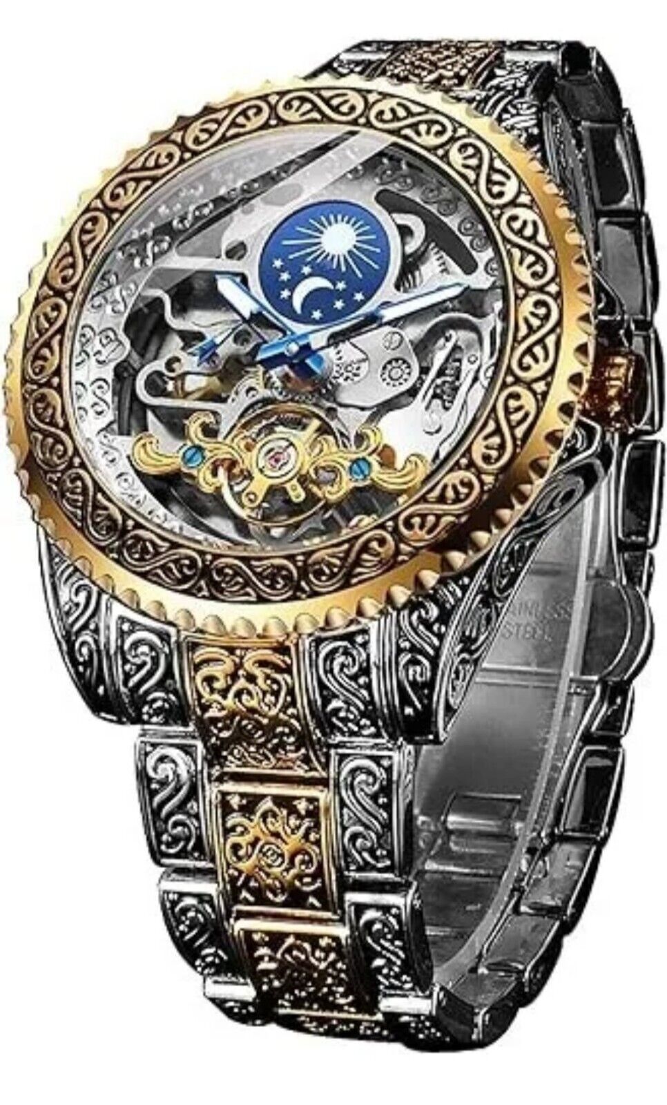 Mens Automatic Watch Mechanical Skeleton Fashion Wristwatch Moon Phase Luxury