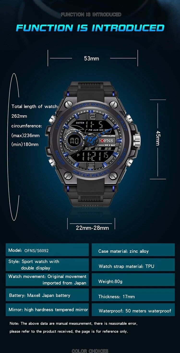 Mens Digital Watches Dual Analogue Waterproof Fashion Sports Wrist Watch LED