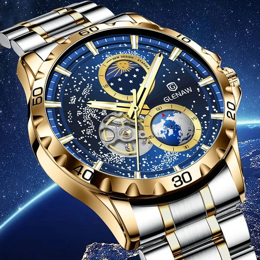 Mens Timing Mechanical Wristwatch Moonlight Phase Waterproof Watch Tuo Flywheel