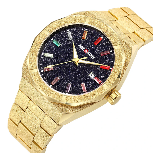 Mens Watch Colourful Crystals Waterproof Design Frosted Dial Rainbow Star Dust