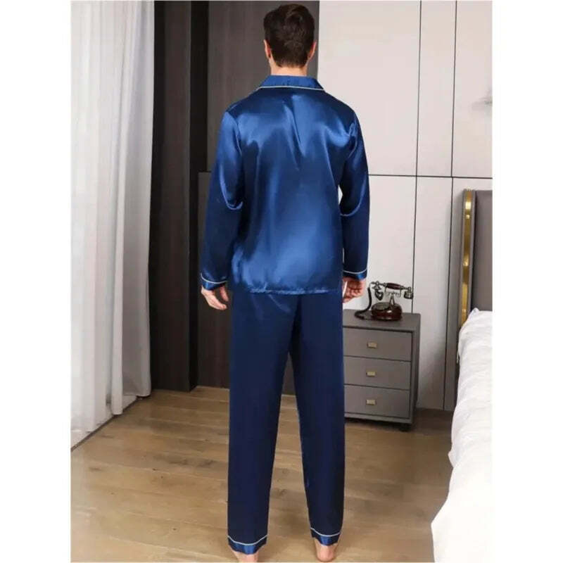 Men's Pyjamas Loungewear Set Silk Satin Nightwear Short Long Sleeved Blue Black