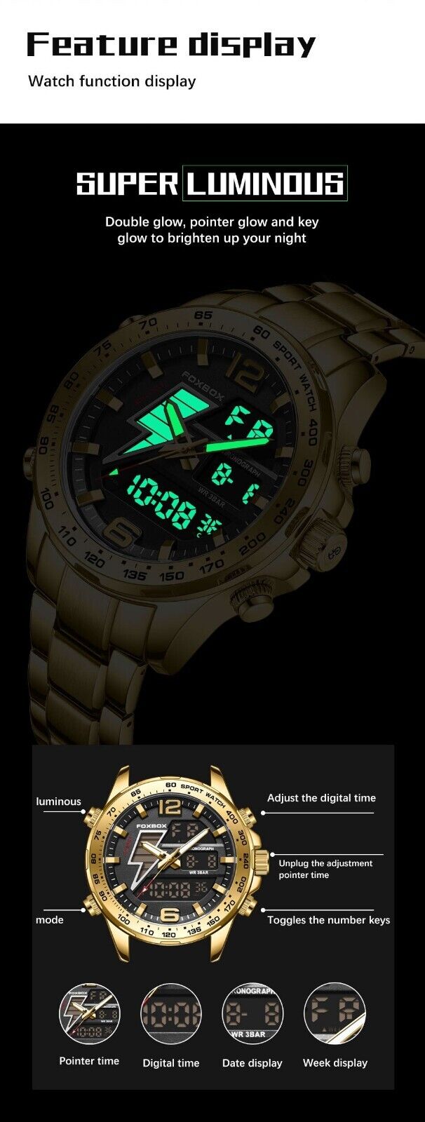 Men's Watch Digital & Analogue Waterproof Quartz Wrist Fashion Heavy Duty LED