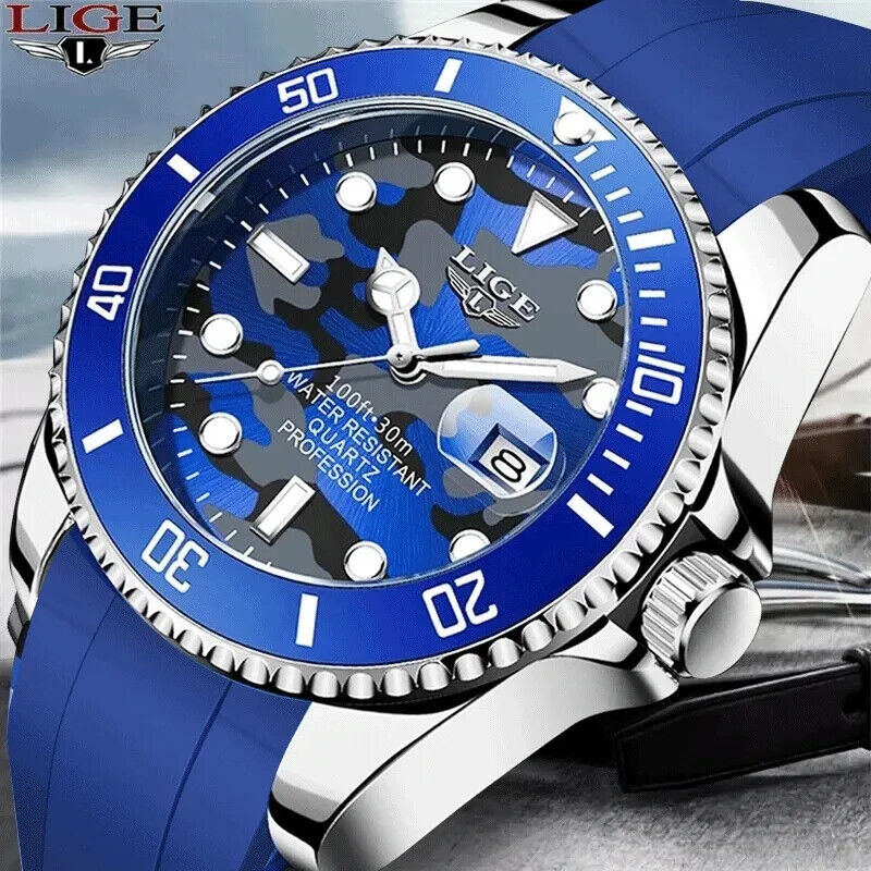 Mens Diving Waterproof Swimming Watch Silicone Strap Luminous Date Quartz