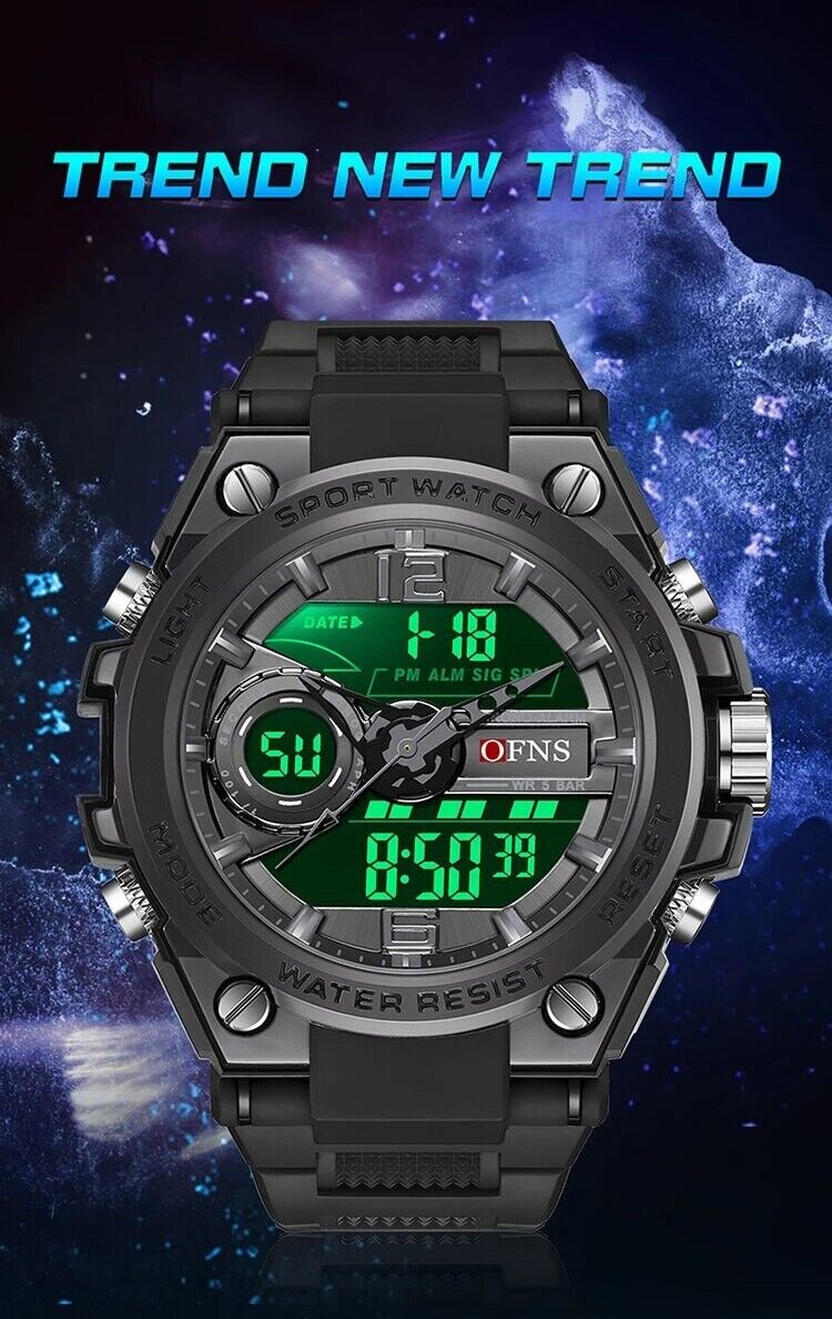 Mens Digital Watches Dual Analogue Waterproof Fashion Sports Wrist Watch LED