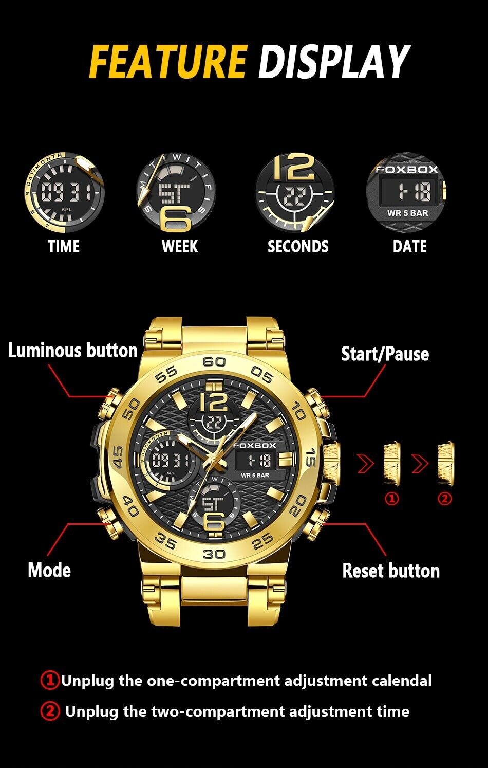 Men's Watch Digital Analogue Waterproof Quartz Wrist Fashion Heavy Duty LED