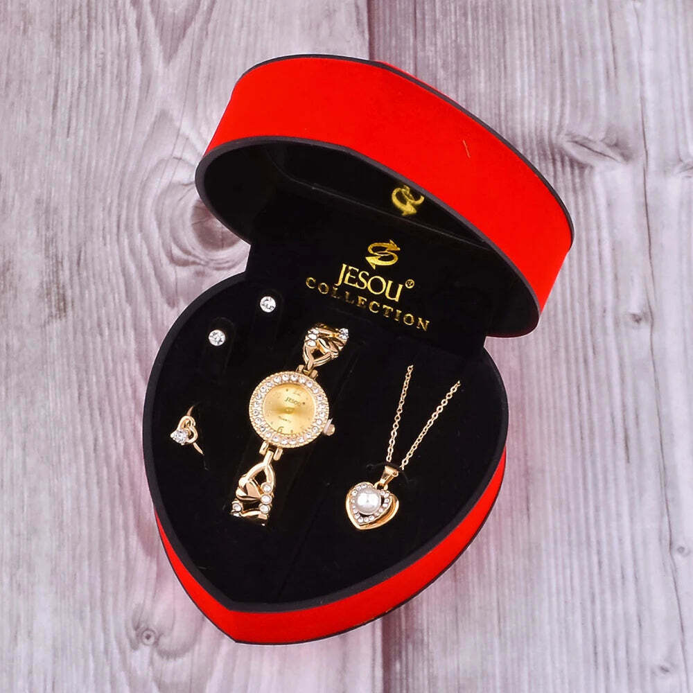 Valentines Jewellery Gift Set Heart Velvet Gift Box Watch Ring Necklace Earrings