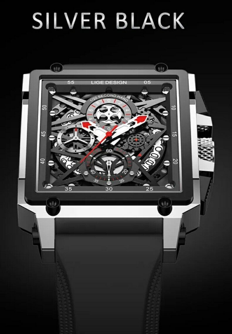 Mens LIGE Design Luxury 2023 Fashion Hollow Square Waterproof Watch RRP £45