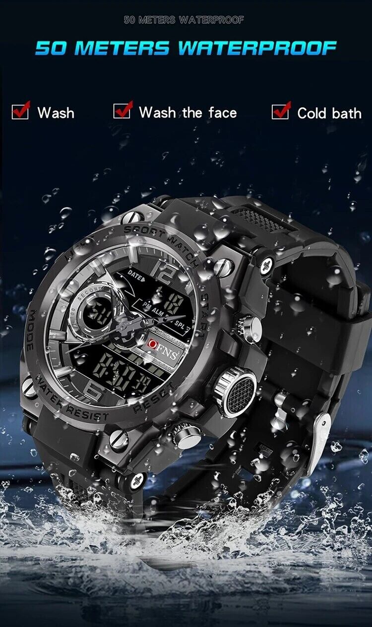 Mens Digital Watches Dual Analogue Waterproof Fashion Sports Wrist Watch LED