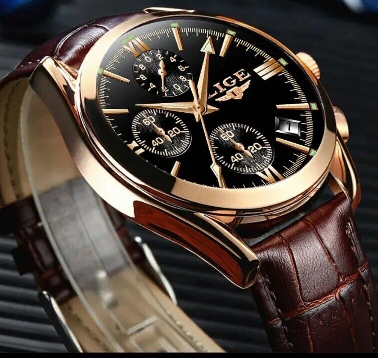 Mens Lige Chronograph Sports Waterproof Classic Quartz Leather Luxury Watch