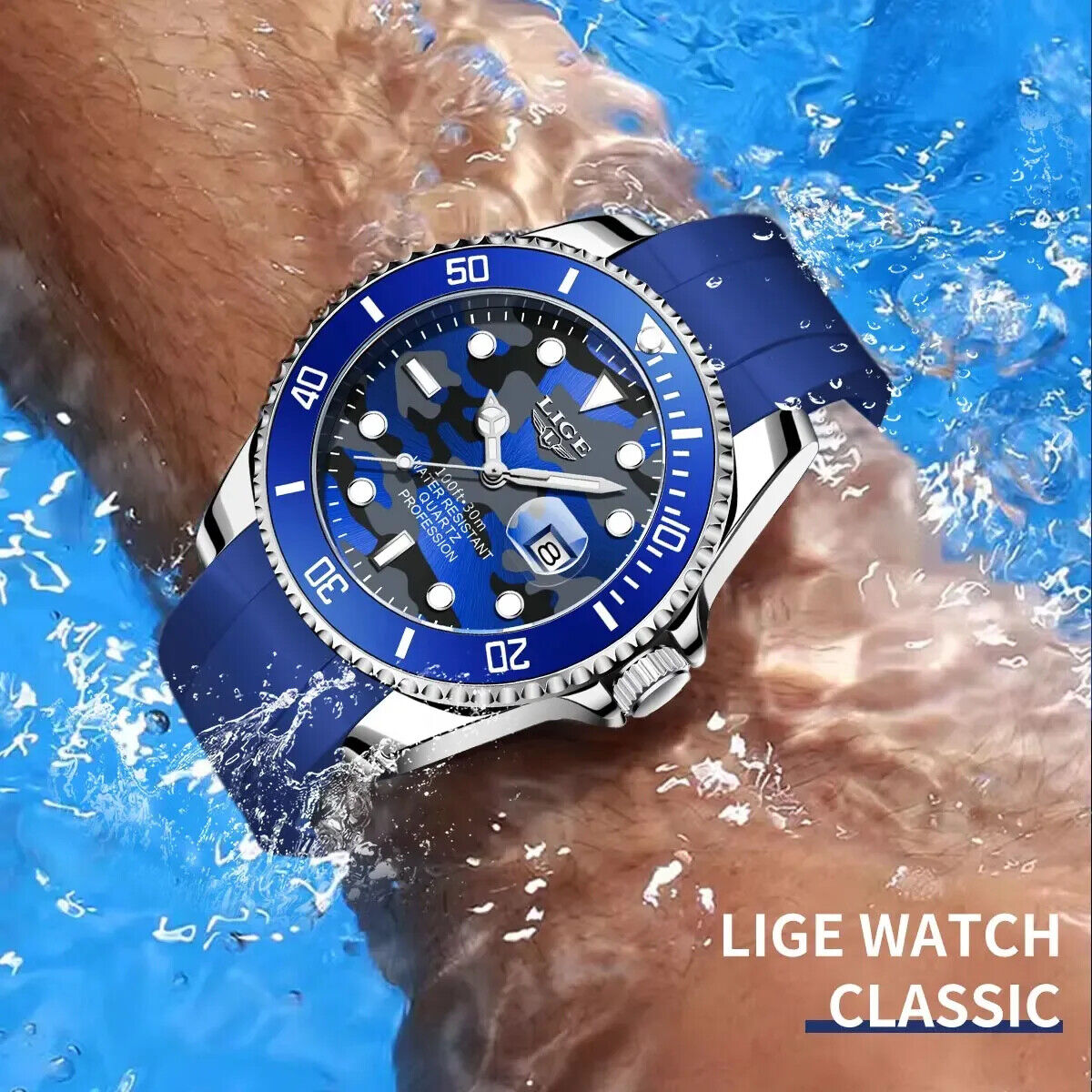 Mens Diving Waterproof Swimming Watch Silicone Strap Luminous Date Quartz