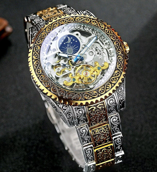 Mens Automatic Watch Mechanical Skeleton Fashion Wristwatch Moon Phase Luxury