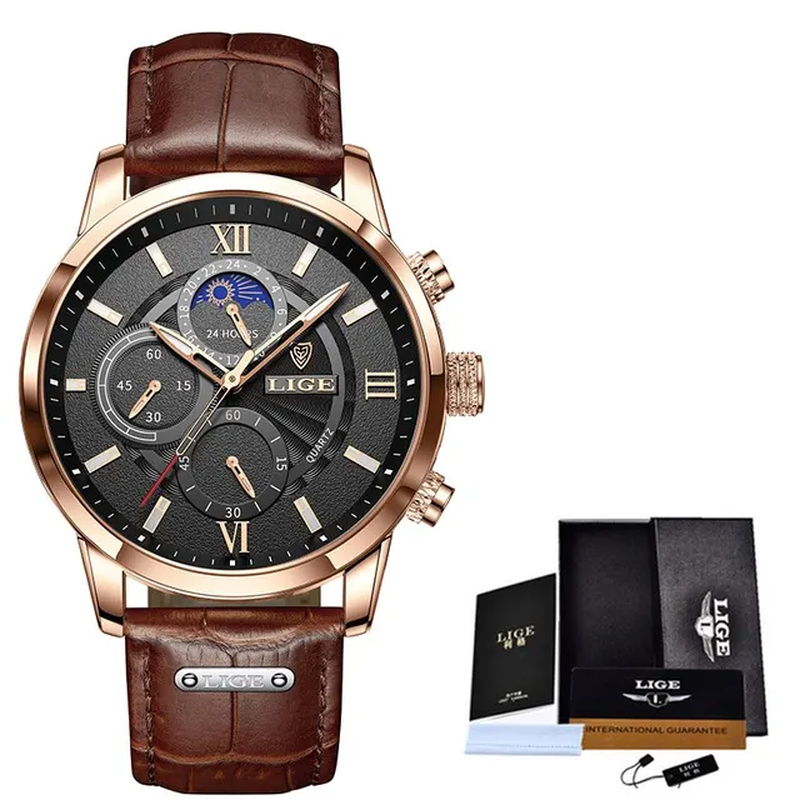 Mens Watches Luxury Brown Leather Casual Quartz Watch Sport Waterproof