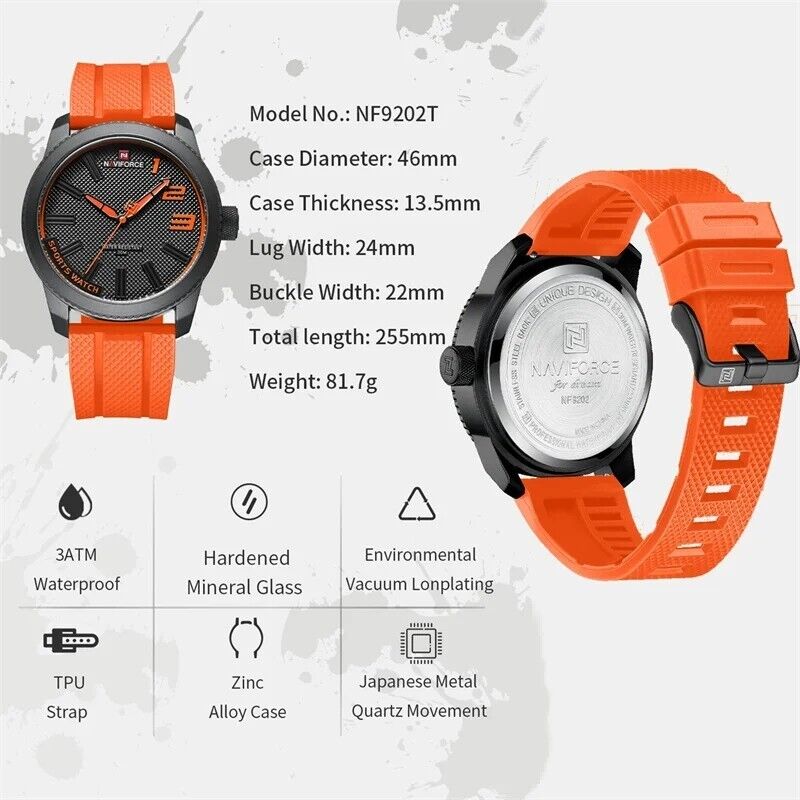 Men's Luxury Sports Style Fashion Watch Waterproof Quartz Silicone Strap ORANGE