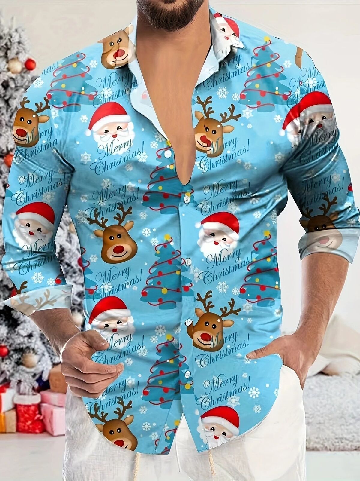 Men's Christmas Fashion Shirts 13 Designs Xmas Santa Reindeer Tops Festive Wear