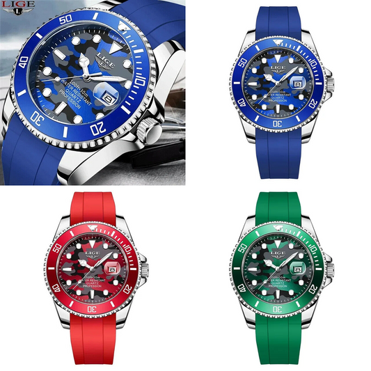 Mens Diving Waterproof Swimming Watch Silicone Strap Luminous Date Quartz