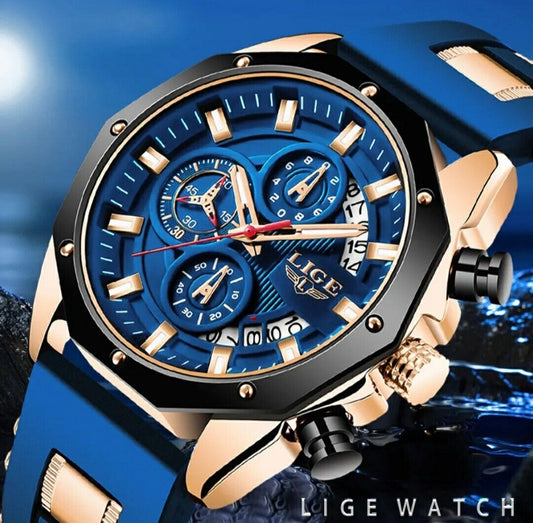 Mens Luxury Watch Chronograph Waterproof Sports Wristwatch Blue Gold LIGE 2024