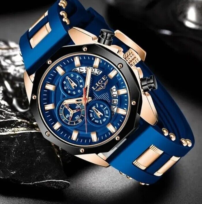 Mens Luxury Watch Chronograph Waterproof Sports Wristwatch Blue Gold LIGE 2024