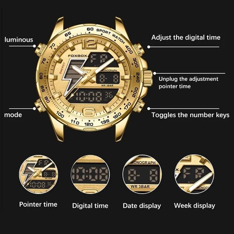 Men's Watch Digital & Analogue Waterproof Quartz Wrist Fashion Heavy Duty LED