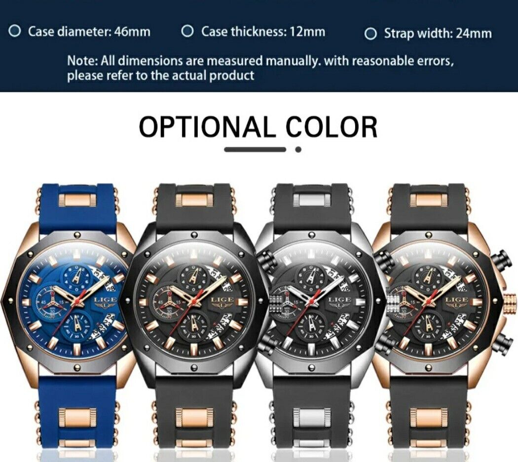 Mens Luxury Watch Chronograph Waterproof Sports Wristwatch Blue Gold LIGE 2024