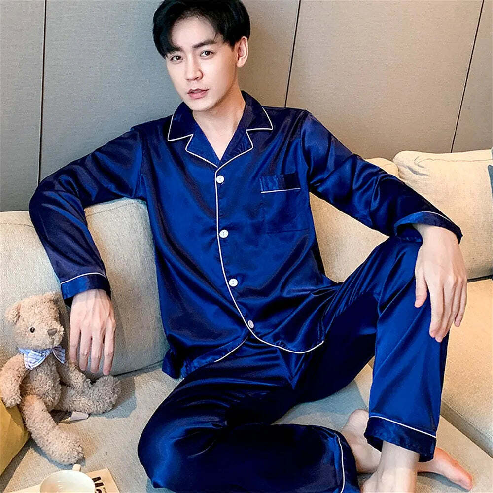 Men's Pyjamas Loungewear Set Silk Satin Nightwear Short Long Sleeved Blue Black