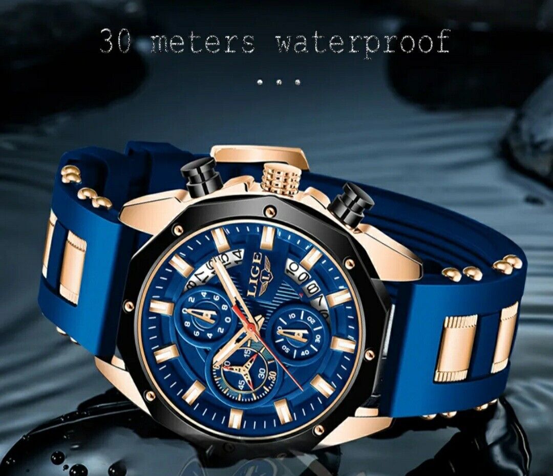 Mens Luxury Watch Chronograph Waterproof Sports Wristwatch Blue Gold LIGE 2024