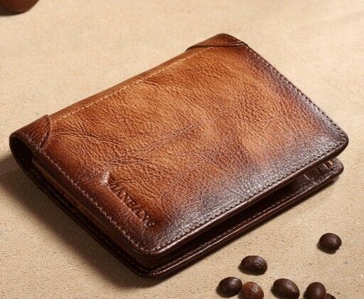 Mens Wallet Genuine Leather Luxury Design RFID Blocking Trifold Tan Brown GIFT