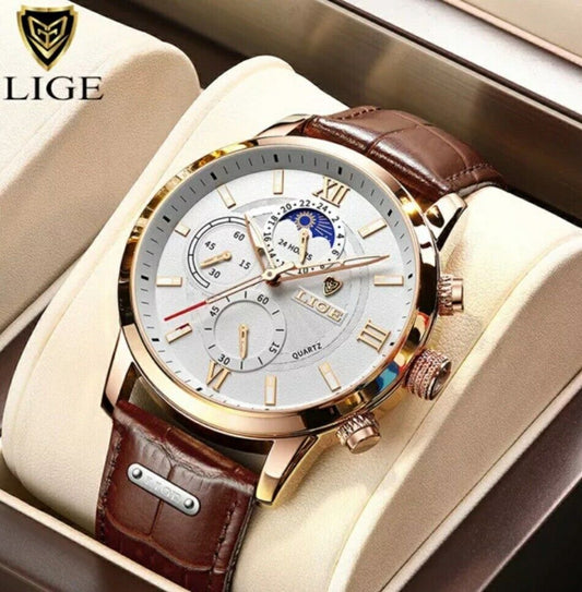 Mens LIGE Stylish Luxury Leather Casual Quartz Waterproof Watch Chronograph