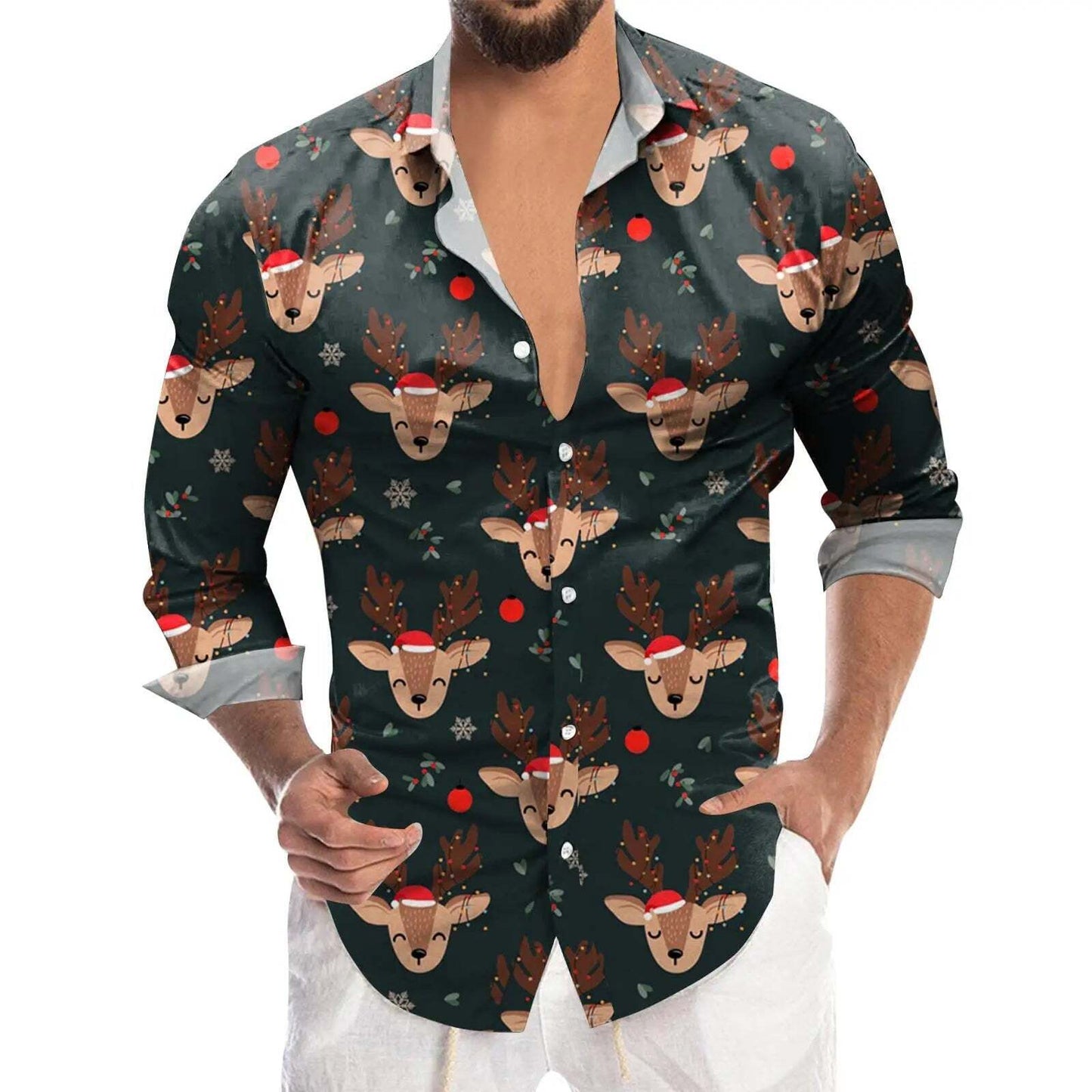 Men's Christmas Fashion Shirts 13 Designs Xmas Santa Reindeer Tops Festive Wear