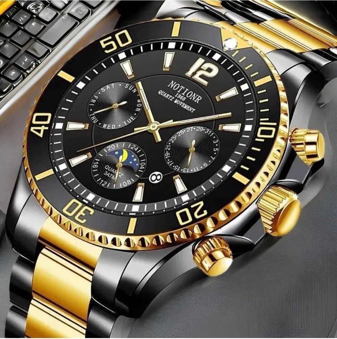 Mens Luxury Fashion Design Business Watch Stainless Steel Quartz Black Gold