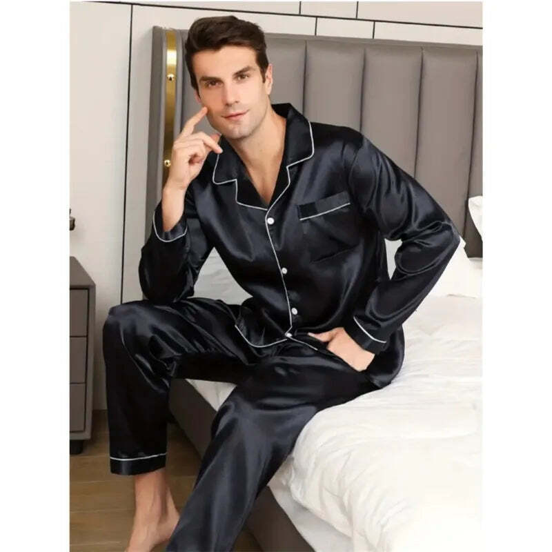 Men's Pyjamas Loungewear Set Silk Satin Nightwear Short Long Sleeved Blue Black