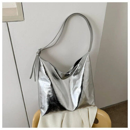 Womens Silver Tote Handbag Large Shoulder Tote Bags Shopping Bag Ladies Fashion