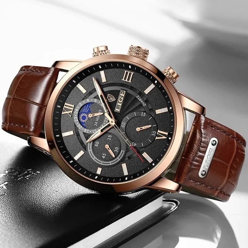 Mens Watches Luxury Brown Leather Casual Quartz Watch Sport Waterproof