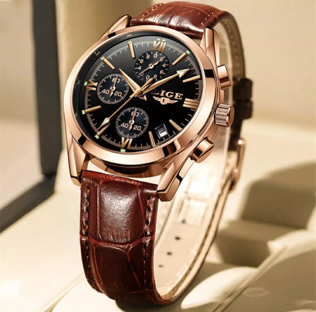 Mens Lige Chronograph Sports Waterproof Classic Quartz Leather Luxury Watch