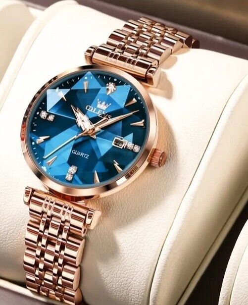 Womens Watches Luxury Fashion Design Rose Gold Blue Stainless Steel Waterproof