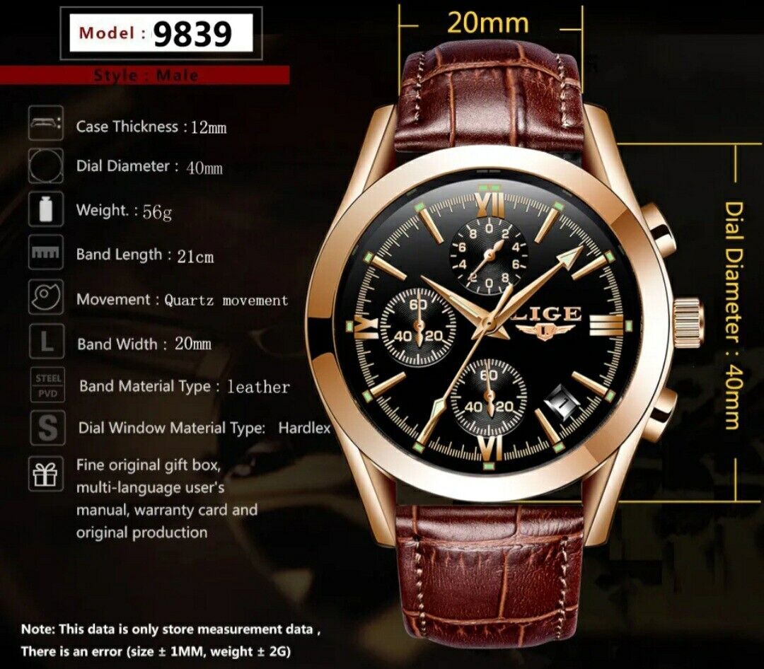 Mens Lige Chronograph Sports Waterproof Classic Quartz Leather Luxury Watch