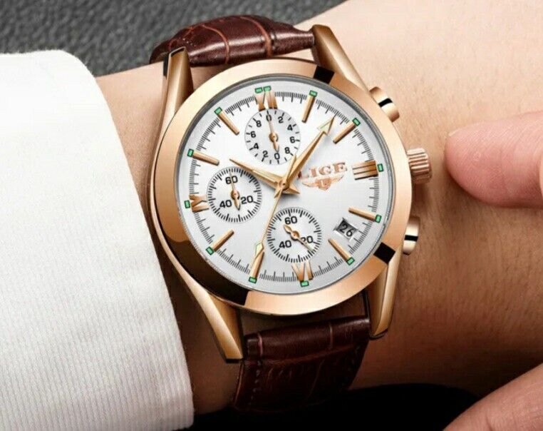 Mens LIGE Chronograph Sports Waterproof Classic Quartz Leather Luxury Watch