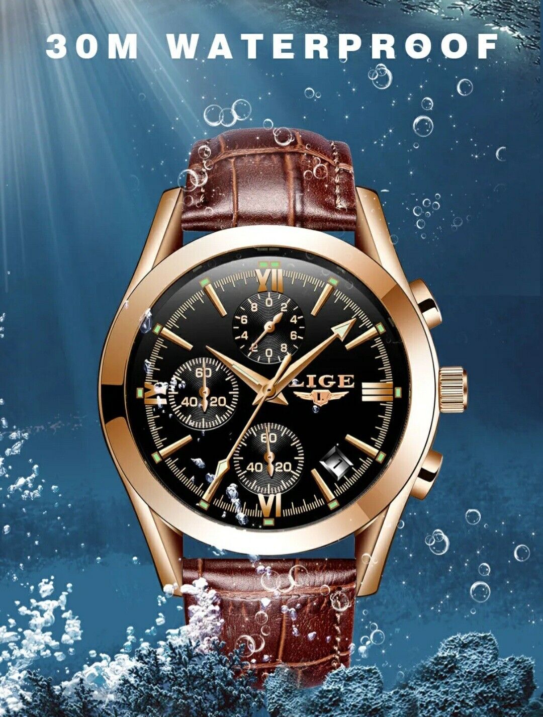 Mens LIGE Chronograph Sports Waterproof Classic Quartz Leather Luxury Watch