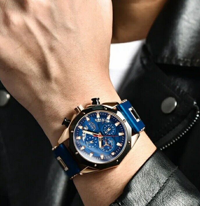 Mens Luxury Watch Chronograph Waterproof Sports Wristwatch Blue Gold LIGE 2024