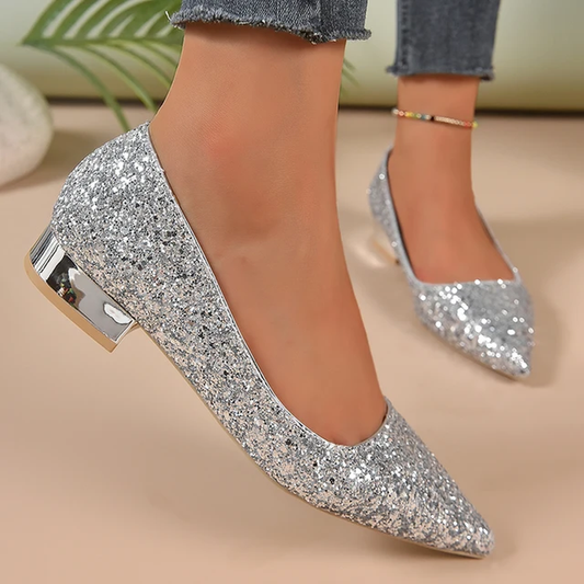 Silver Low Heels Pumps Womens Shiny Sequins Pointed Toe Party Shoes Woman plus S