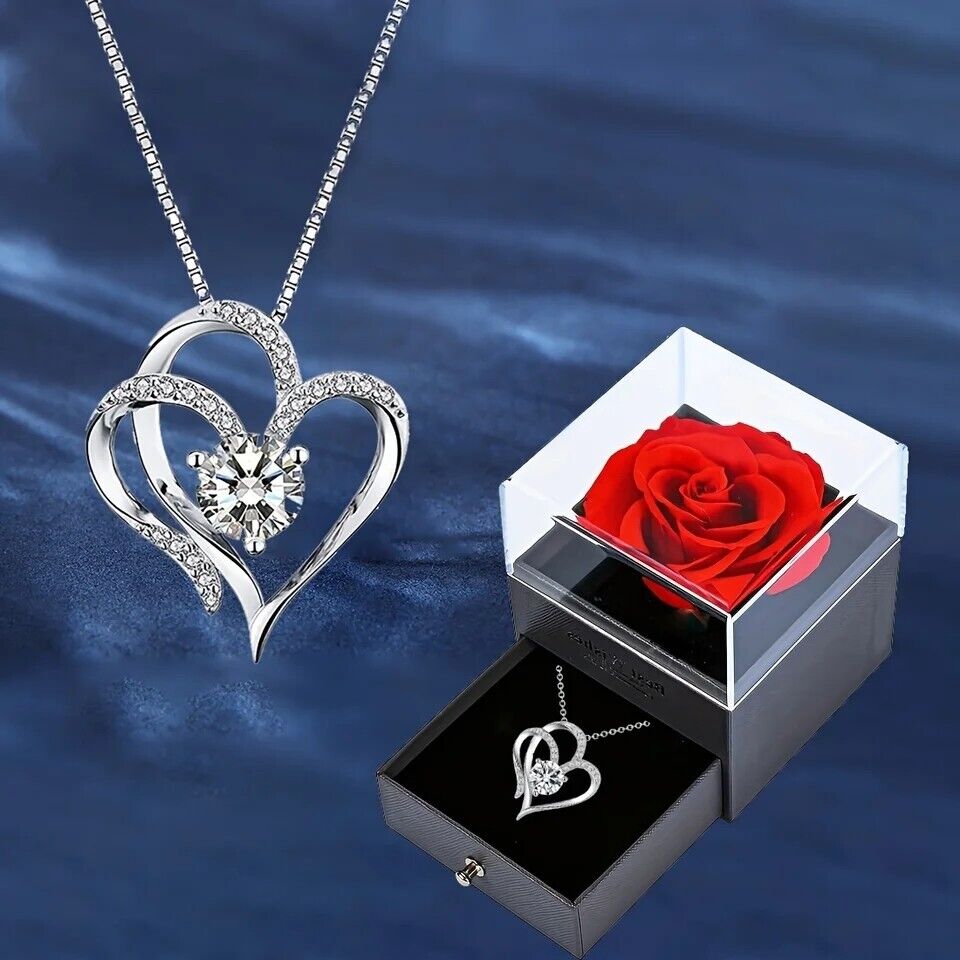 Jewellery Gift Box Set Ladies Womens Girls Double Heart Diamond Fashion Necklace