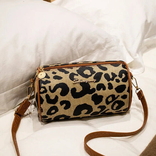 Retro Leopard Print Cylinder Handbag Single Shoulder Crossbody Bag Handbag Women