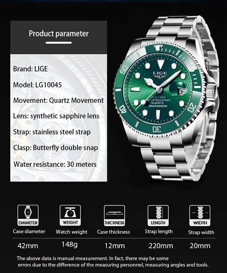 Men's Fashion Watch Analogue Quartz Waterproof Stainless Steel Green Silver