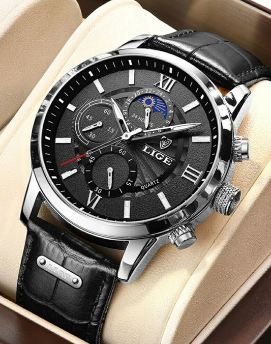 Mens Watches Moon Phase Luxury Leather Quartz Watch Waterproof Chronograph