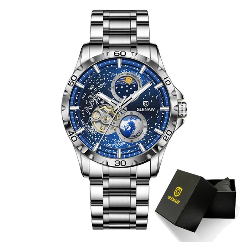 Mens Timing Mechanical Wristwatch Moonlight Phase Waterproof Watch Tuo Flywheel