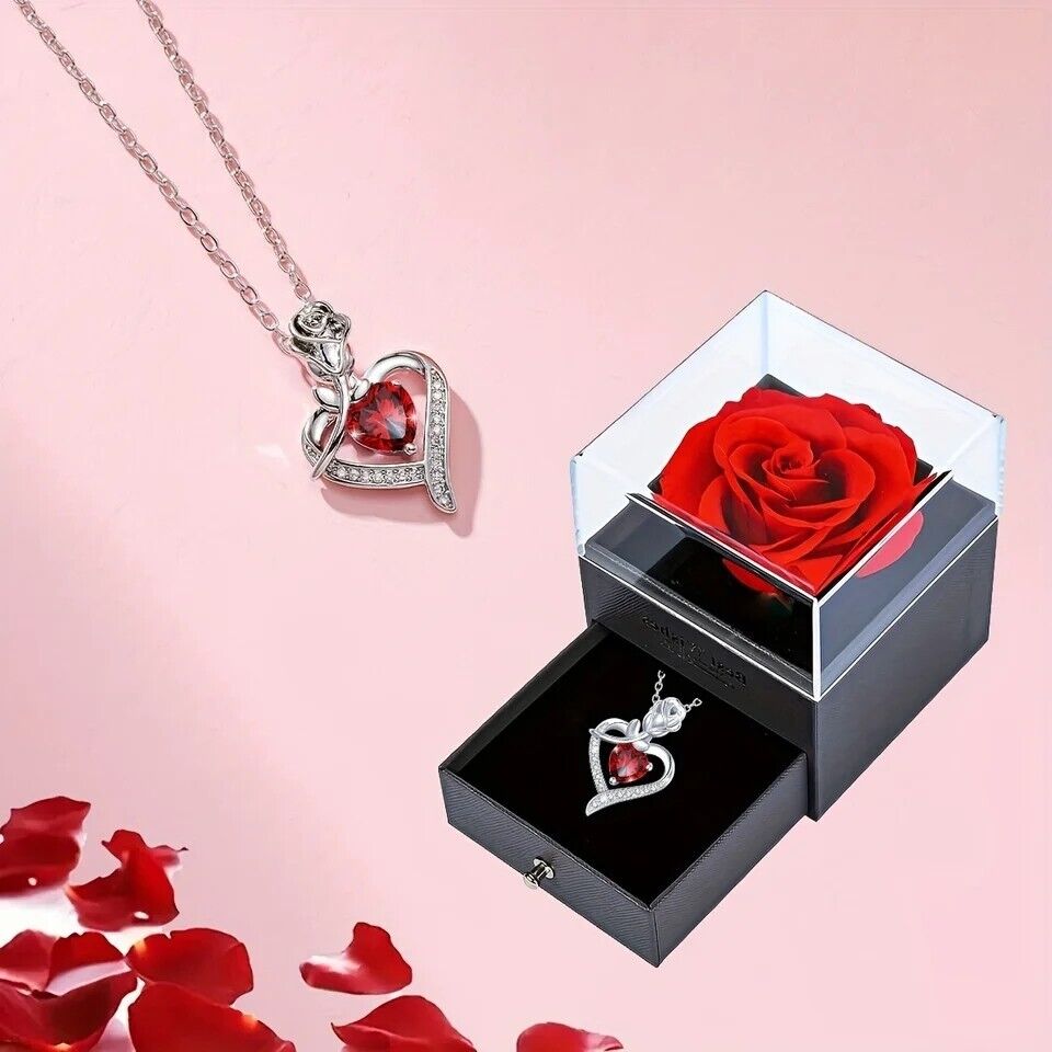 Jewellery Gift Box Set Ladies Women's Girls Rose And Heart Ruby Fashion Necklace