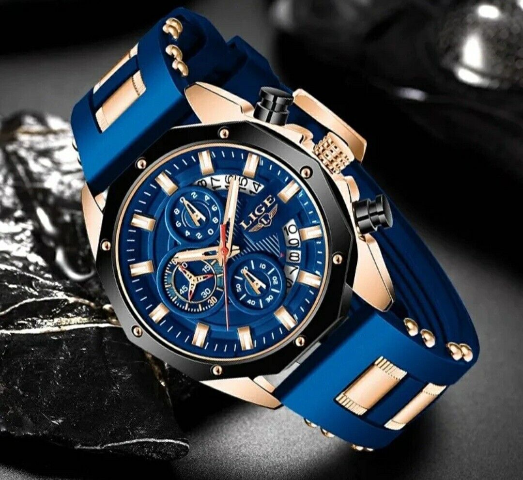 Mens Luxury Watch Chronograph Waterproof Sports Wristwatch Blue Gold LIGE 2024