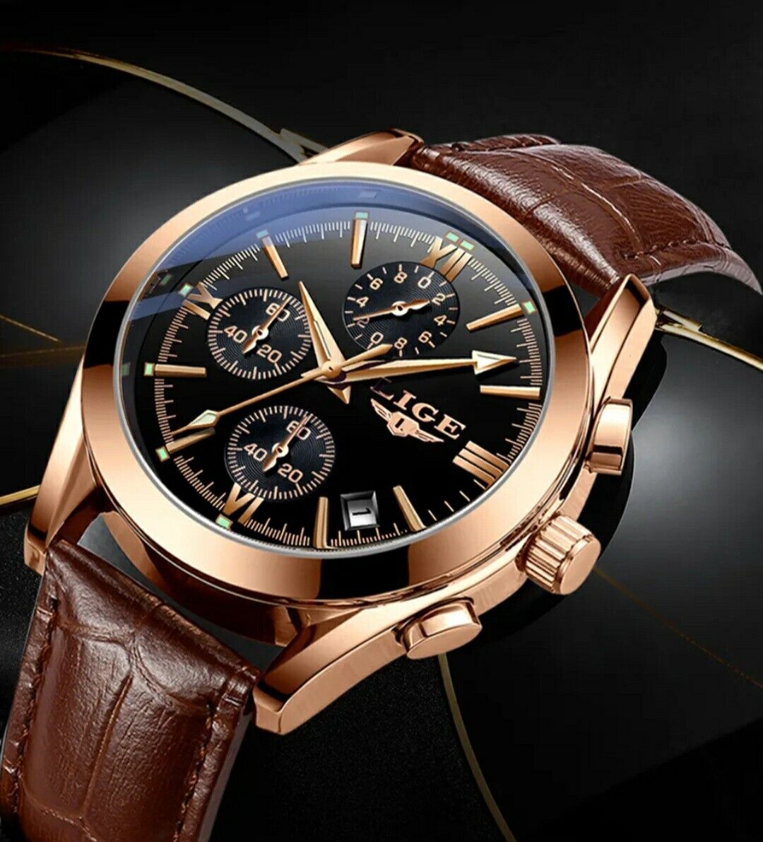 Mens Lige Chronograph Sports Waterproof Classic Quartz Leather Luxury Watch