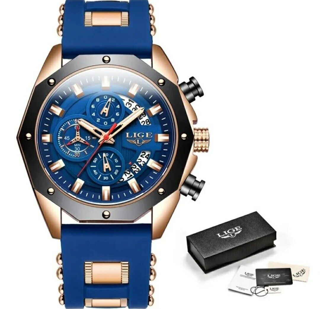 Mens Luxury Watch Chronograph Waterproof Sports Wristwatch Blue Gold LIGE 2024